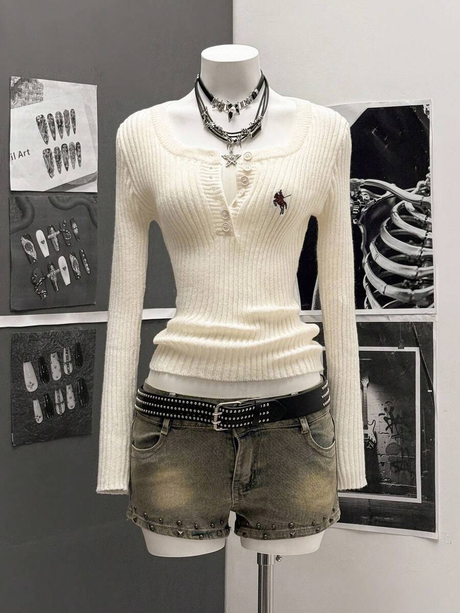 StreetHx Áo len dài tay cài nút gân màu trơn phong cách đường phố dành cho nữ, Thu/Đông - Màu be - Xem 1