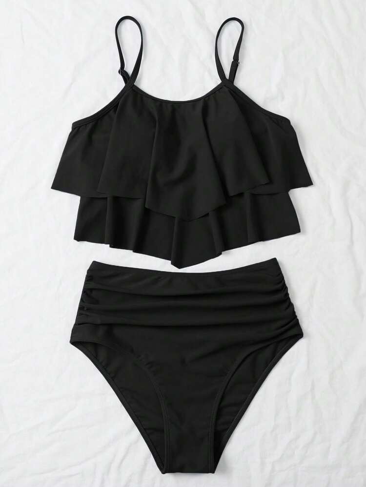 Summer Beach Hanky Hem Ruched High Waisted Bikini