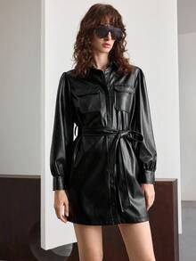 Ontre Black Autumn Chic Night Out Women's Elegant Leather Mini Dress Dress,Vintage Versatile Belt Waist Cinched Fit,Business Casual Office Commute Apparel - Black - View 6