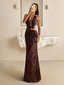 Vowa 时尚、性感、前卫、网眼、闪亮、梅红色和酒红色、亮片面料、金属扣装饰、镂空、露背、喇叭下摆迷你连衣裙，适合夜总会、派对、度假、庆典、签到、舞会 - 酒紅色 - 查看 3