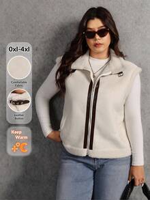 Elaquor Plus Size Women Casual Minimalist All-Match Versatile Urban Relaxed Faux Suede Sherpa Colorblock Jacket, Autumn/Winter Plus Size Jackets Plus Size Vest Plus Size Winter Clothes Plus Size Fall Clothing Zip Up Vest - Apricot - View 3
