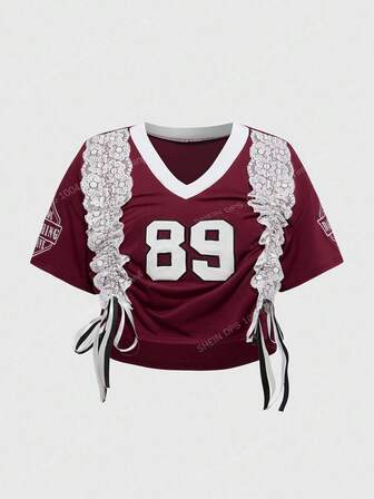 ROMWE Avant Maglietta corta da donna in stile sportivo retrò con scollo a V, ricamo numerico e cordoncino con bordo in pizzo