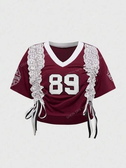 ROMWE Avant T-shirt court à col V avec broderie numérique, cordon de serrage et garniture en dentelle, style sportif rétro pour femmes