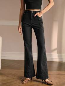 MOTF PREMIUM SOLID PLANTS PATTERN FLARE LEG JEANS WITHOUT BELT , FALL WINTER - Black - View 4