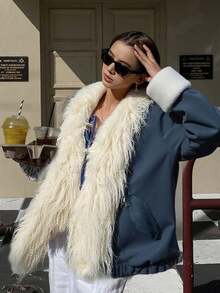 DAZY Patchwork Fur Collar Loose Fit Thick Casual Street Wear Padded Coat, Autumn/Winter Jacket - Blue - View 5