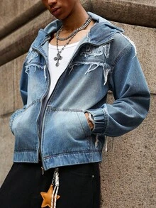 Manfinity EMRG Men's Blue Denim Jacket With Raw Edge Patches, Hood, Zipper And Elastic, Emo Style - Blue - View 1