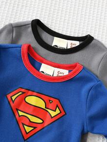 SUPERMAN X Cozy Pixies 4pcs Baby Boy Cartoon Print Soft Knit Crew Neck Long Sleeve Top And Elastic Waist Long Pants Snug Fit Pajama Set, Suitable For Autumn/Winter Boys  Pajamas Fall - Grey - View 4