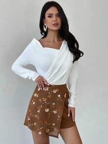 Firerie Falda-pantalón casual y elegante de patchwork marrón con bordados y cuentas, ideal para vacaciones, festivales de música, uso diario y urbano. Cintura baja, corte recto y suelto, adecuada para otoño/invierno, ropa de mujer, vuelta al colegio - Marrón - Ver 2