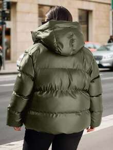 EURMUSE Plus Solid Zip Up Hooded Padded Coat - Green - View 2