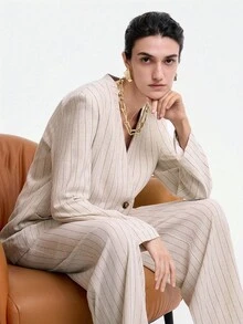 SHEIN LUNE Casual Minimalist Linen Long Sleeve V-Neck Loose Straight Striped Textured Fabric Women's Suit Set, Autumn/Winter - Khaki - View 3