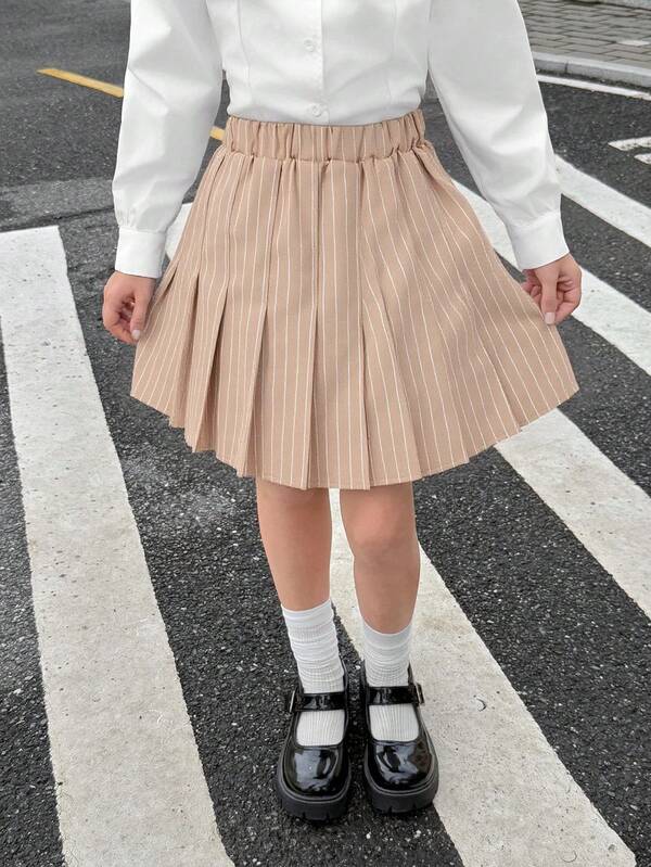 SHEIN Tween Girls' Casual Striped Pleated Mini Skirt, Summer Fall Winter