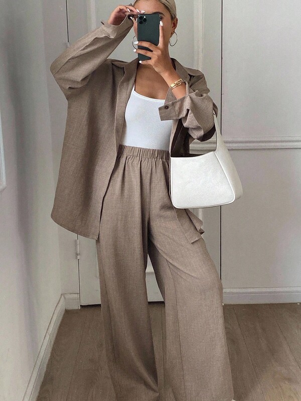 Strévra Western Style Vacation Beach Solid Color Faux Denim-Linen Loose Casual 2-Piece Set For Women, Spring