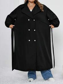 SHEIN CURVE+ 女士加大码黑色长款加厚保暖防风外套，黑色长袖简约休闲日常秋冬外套 - 黑色 - 查看 6