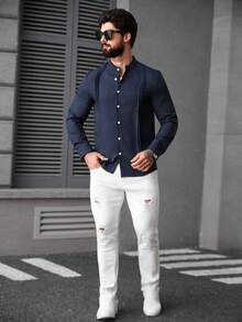 Manfinity CasualCool Men's Casual Stand Collar Long Sleeve Shirt, Suitable For Daily Wear, Navy Blue Business Button-Down Dress Shirt, Old Money, Fall