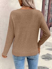 EMERY ROSE 女士宽松休闲镂空几何纹理V领毛衣 - 卡其色 - 查看 2