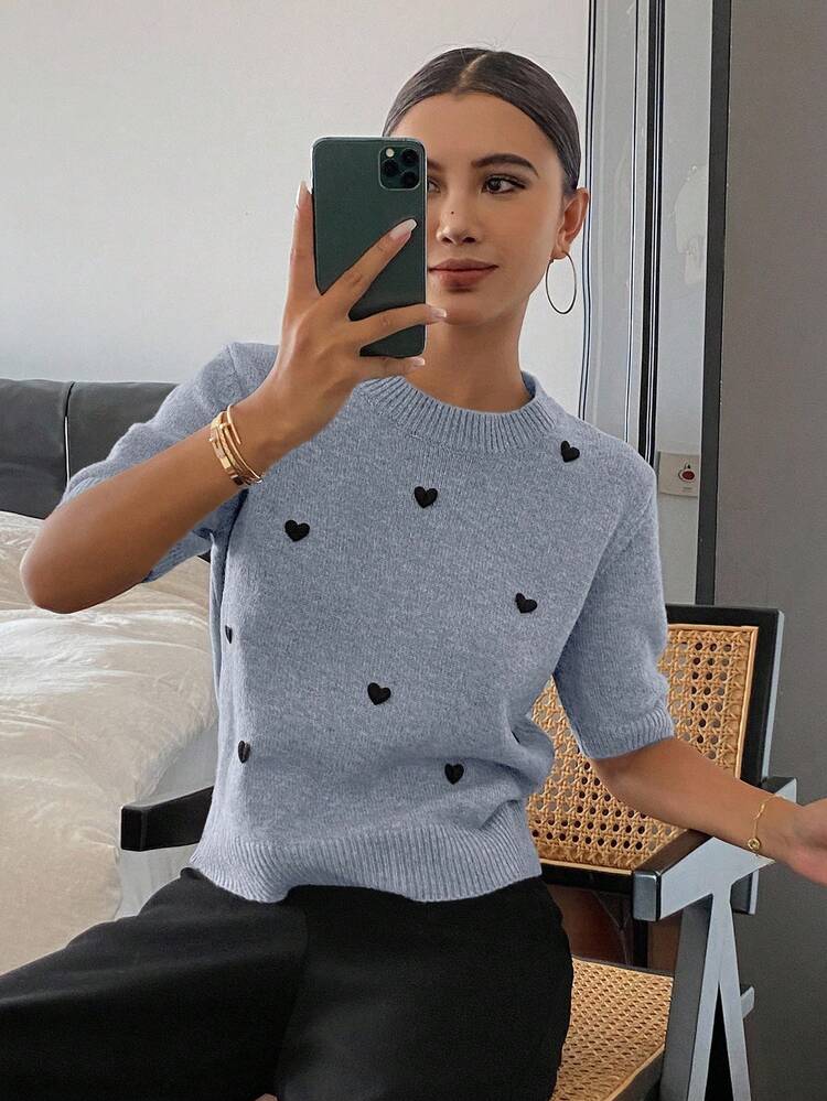 Heart Decor Loose Fit Short Sleeve Crew Neck Casual Knit Top For Women, Spring/Autumn