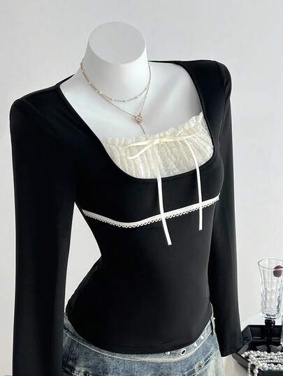 Elamini Women's Casual Fashion Commuting Contrast Lace Contrast Color Long Sleeve Square Neck T-Shirt, Autumn/Winter