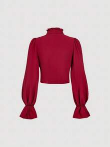 SHEIN MOD 酒红色荷叶边长袖衬衫，大蝴蝶结，长袖上衣 - 酒紅色 - 查看 2