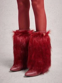 SHUZIA Botas de caña media con puntera puntiaguda y tacón de cuña de piel sintética para mujer - Burdeos - Ver 2