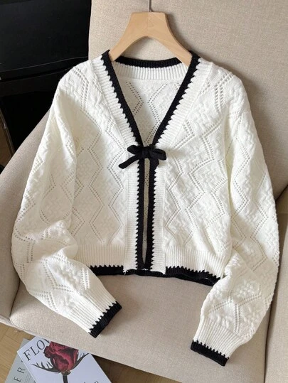 SHEIN 青少年女孩休闲法式设计菱形纹理撞色边长袖针织开衫，长袖上衣秋冬装 FoGirlen