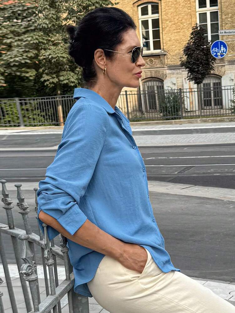 Women's Loose Fit Long Sleeve Blue Shirt Fall