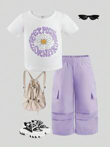 SHEIN Playful Pals Áo thun tay ngắn màu trắng phong cách đường phố thời trang dành cho bé gái có họa tiết in, kết hợp với quần ống rộng màu hồng, mùa hè - Màu tím - Xem 3