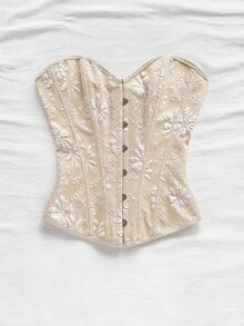 Soleia 女士复古宫廷风格彩色花卉提花印花抹胸短款上衣，配有纽扣和后系带 - 杏色 - 查看 3