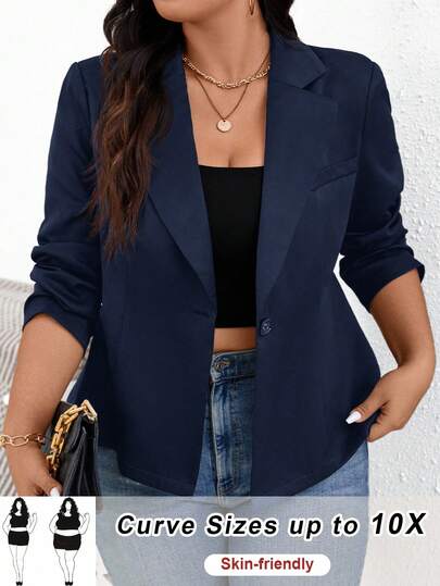 SHEIN CURVE+ 大码女装秋装新款时尚休闲通勤优雅职场工作返校服教师服商务职业骄傲服装黑色上衣商务休闲加大工装裤外出上衣黑色西装外套