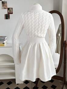 SHEIN 少女休闲高领收腰短款毛衣裙白色毛衣裙长袖白色连衣裙白色迷你裙麻花针织裙高领连衣裙长袖连衣裙秋冬针织连衣裙