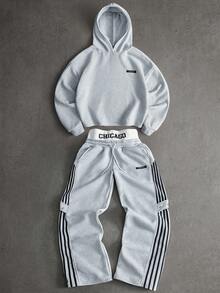 PAVTROS Bộ đồ nam phong cách đường phố INS Chicago Letter in hình chữ cái, gồm áo hoodie và quần giữ nhiệt, thích hợp cho lễ hội âm nhạc ngoài trời, hộp đêm, làm quà tặng cho bạn trai/chồng, quà kỷ niệm, màu xám nhạt, trang phục thu đông. - Màu Xám nhạt - Xem 1