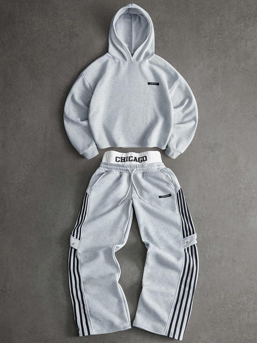 PAVTROS Bộ đồ nam phong cách đường phố INS Chicago Letter in hình chữ cái, gồm áo hoodie và quần giữ nhiệt, thích hợp cho lễ hội âm nhạc ngoài trời, hộp đêm, làm quà tặng cho bạn trai/chồng, quà kỷ niệm, màu xám nhạt, trang phục thu đông. - Màu Xám nhạt - Xem 1