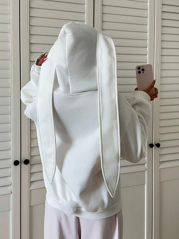 CovetEZ Women's Clothing Autumn And Winter Home Cute Sweet Casual Casual White Long Rabbit Ears Hoodie Jacket Lining Velvet Regular Pink