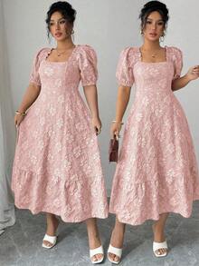 Elenzga Vestido diario y de fiesta elegante de manga abullonada con ajuste ceñido y vuelo para mujer talla grande, elaborado con tela jacquard con estampado de margaritas