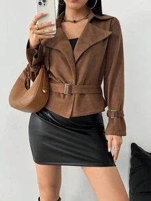 Aidyla Elegancka, modna krótka kurtka damska z długim rękawem i klapami ze sztucznego zamszu z paskiem