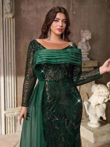 Aureia Vestido Longo Sereia Ajustado de Manga Longa com Bainha Assimétrica Franzida, Bordado com Lantejoulas em Tule Elegante e Luxuoso, Adequado para Festa à Noite, Gala, Casamento, Formatura, Ocasião Formal (Muito Ornamentado) - Verde - Visão 7