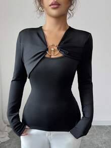 Elenzga Women's Elegant Black Long Sleeve T-Shirt Knit Fabric Metal Button Decor Base Layer For Autumn Night Out French Street Retro Business Daily Commute - Black - View 7