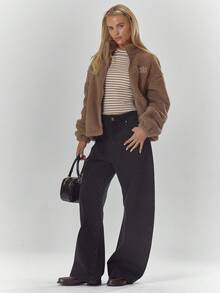 MUSERA High Neck Embroidered Elasticated Toggle Detail Fleece Jacket Cosy Cute Casual Coffee Club Winter - Camel - View 3