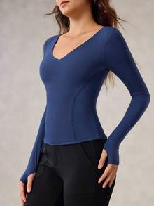 OutZeal Koszulka sportowa na siłownię, treningowa, z długim rękawem i dekoltem w serek, szybkoschnącym, modelującym brzuch, dopasowana do ciała, z otworami na kciuki - Niebieski - Zobacz 7