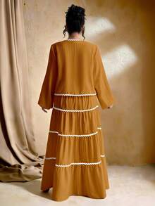 SHEIN Tall Conjunto de 2 peças elegante e romântico francês, composto por: Cardigan de manga longa com textura trançada e cinto de amarrar para mulheres plus size, design de bainha com babado contrastante, e Saia Maxi com cintura elástica - Laranja - Visão 2