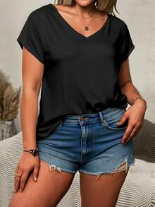 EMERY ROSE Plus Size Women's Casual Everyday Commute Simple Versatile Solid Black V-Neck Batwing Short Sleeve Loose T-Shirt