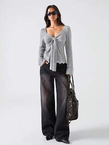 LYSMO 女式打结甜心领喇叭袖开衩下摆时尚T恤 - 彩色 - 查看 1