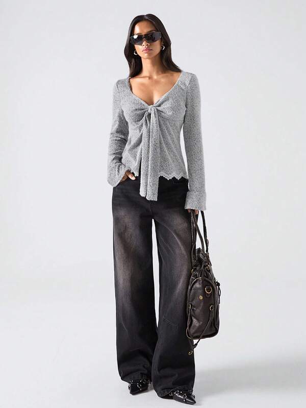 LYSMO Damen Knotted Sweetheart Ausschnitt Glockenärmel Schlitz Saum modisches T-Shirt