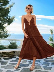 女式夏季海滩镂空前褶边吊带长款黑色连衣裙 - 棕色 - 查看 5