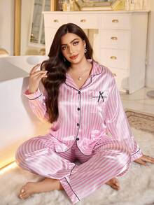 条纹印花撞色滚边缎面睡衣套装/家居服套装，秋冬舒适优雅细节