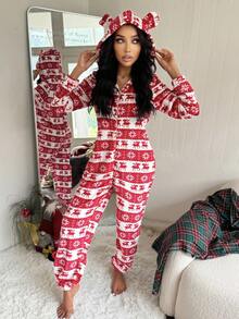 SHEIN 女士法兰绒圣诞鹿印花可爱连帽蓬松连体衣，冬季保暖舒适 - 紅色 - 查看 4