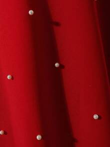 女孩优雅简约时尚淑女立领落肩长袖宽松短款连衣裙，3D 蝴蝶结和珍珠设计，圣诞红 - 紅色 - 查看 6