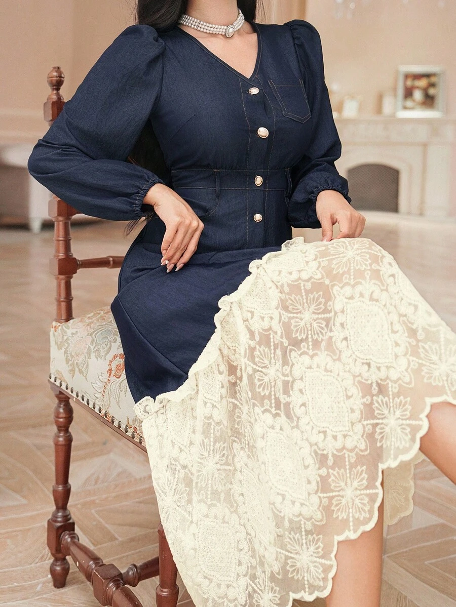 DAZY 法式复古二合一蕾丝拼布牛仔连衣裙 - 藏蓝色 - 查看 1