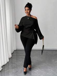 Maweii 大码纯色优雅褶饰玫瑰肩休闲通勤衬衫 - 黑色 - 查看 5