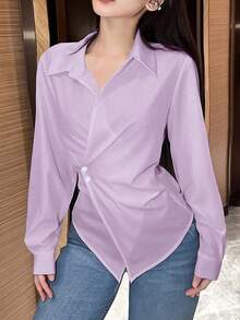 SHEIN LUNE 女士纯色不对称下摆交叉裹身优雅长袖女式衬衫 - 紫丁香色 - 查看 5