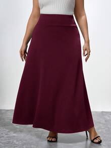 SHEIN Clasi Plus Solid High Waist A-Line Long Skirt - Maroon - View 5